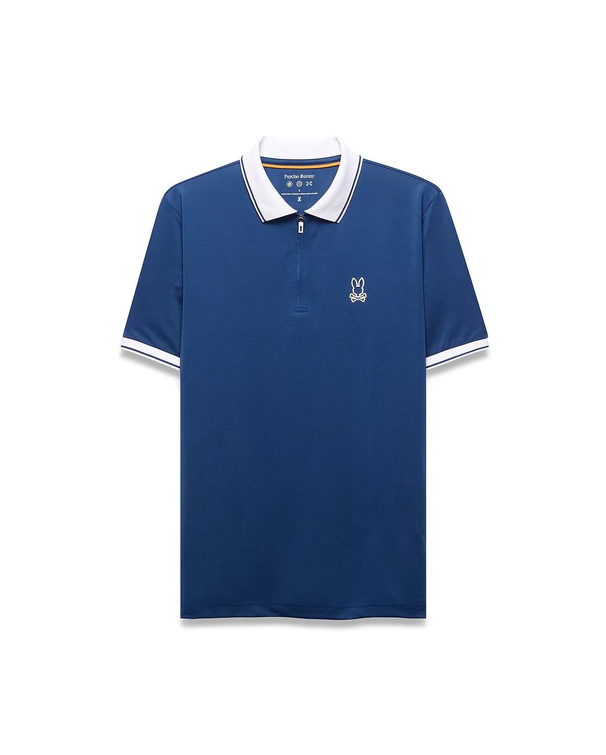 Mens Odin Zip Sport Polo, deep blue performance fabric, white collar with blue stripe, quarter-zip placket, and white embroidered Psycho Bunny skull logo on left chest. White striped cuffs.