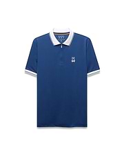 Mens Odin Zip Sport Polo, deep blue performance fabric, white collar with blue stripe, quarter-zip placket, and white embroidered Psycho Bunny skull logo on left chest. White striped cuffs.