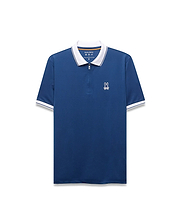 Mens Odin Zip Sport Polo, deep blue performance fabric, white collar with blue stripe, quarter-zip placket, and white embroidered Psycho Bunny skull logo on left chest. White striped cuffs.