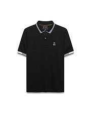 Mens Timmy Interlock Polo, a classic fit black interlock knit polo shirt with white striped collar and cuffs, featuring a small white embroidered Psycho Bunny skull logo on the left chest.