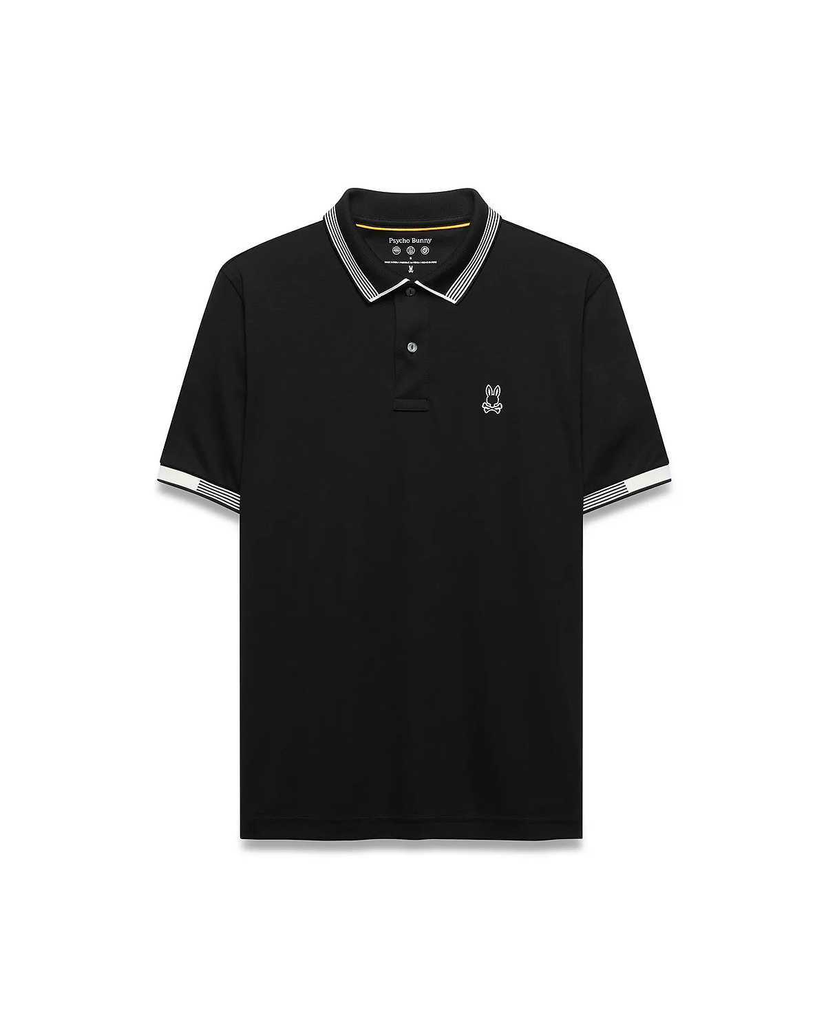Mens Timmy Interlock Polo, a classic fit black interlock knit polo shirt with white striped collar and cuffs, featuring a small white embroidered Psycho Bunny skull logo on the left chest.