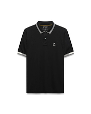 Mens Timmy Interlock Polo, a classic fit black interlock knit polo shirt with white striped collar and cuffs, featuring a small white embroidered Psycho Bunny skull logo on the left chest.