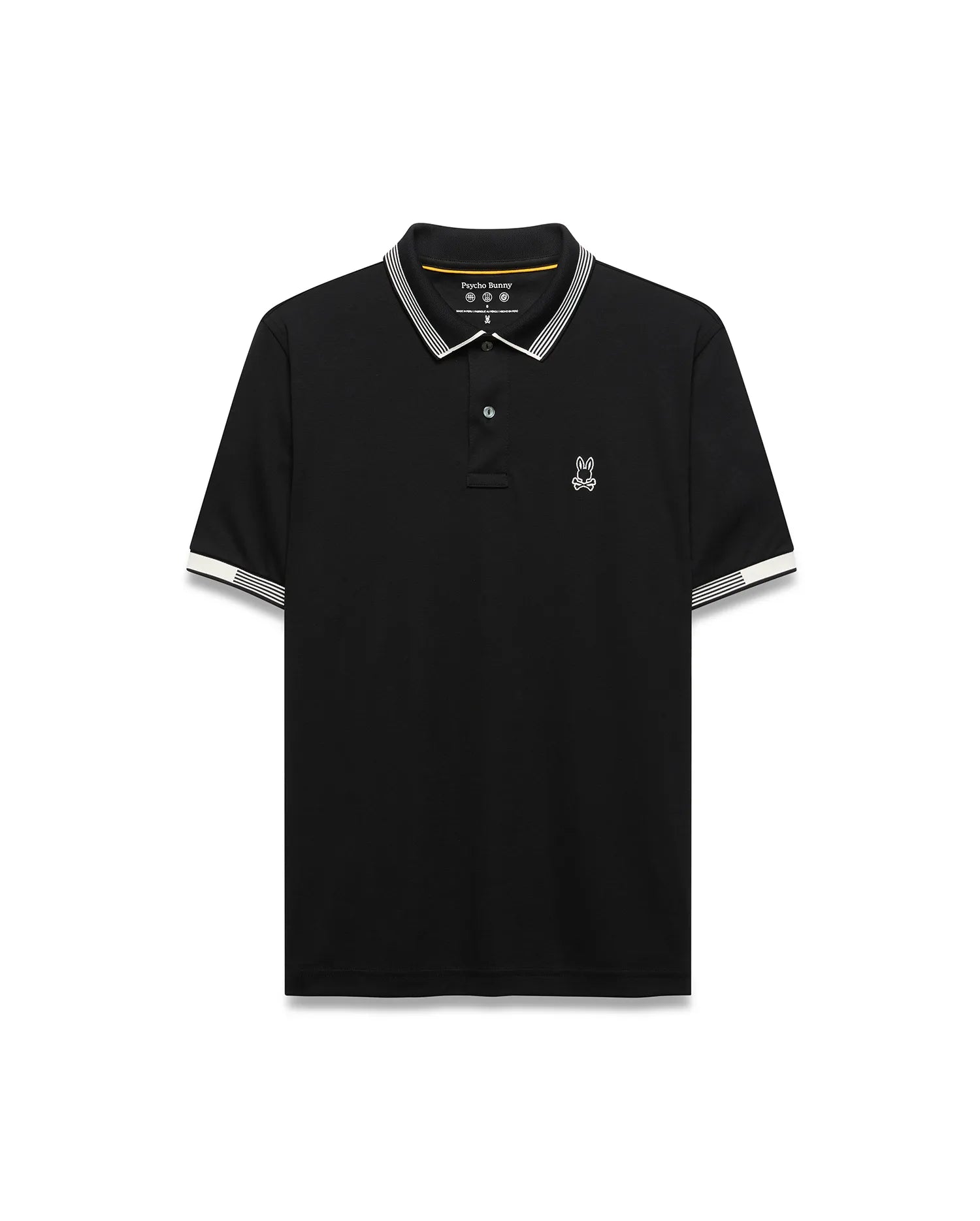 Mens Timmy Interlock Polo, a classic fit black interlock knit polo shirt with white striped collar and cuffs, featuring a small white embroidered Psycho Bunny skull logo on the left chest.