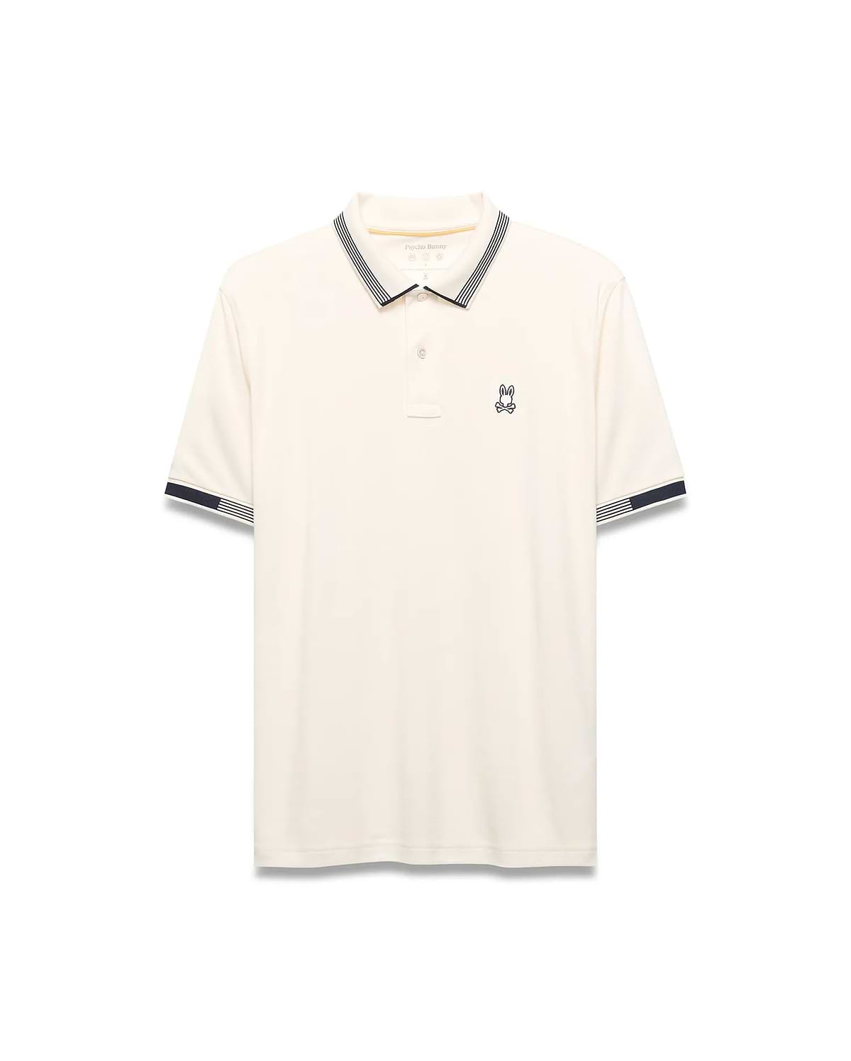 Mens Timmy Interlock Polo, cream interlock knit with navy and white striped collar and cuffs, featuring a small embroidered Psycho Bunny skull logo on the left chest.