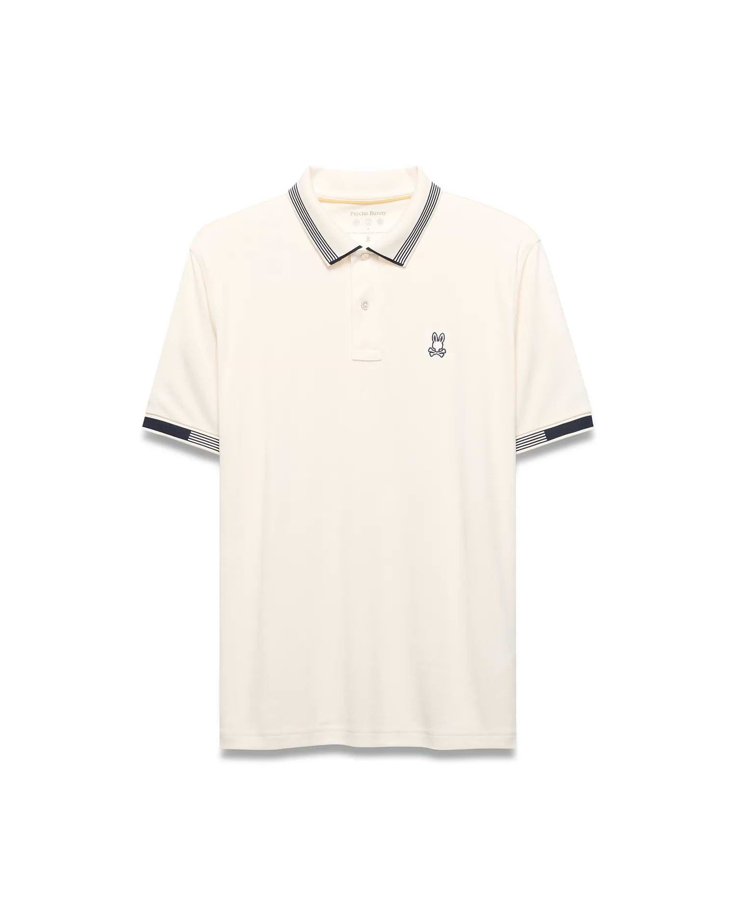 Mens Timmy Interlock Polo, cream interlock knit with navy and white striped collar and cuffs, featuring a small embroidered Psycho Bunny skull logo on the left chest.