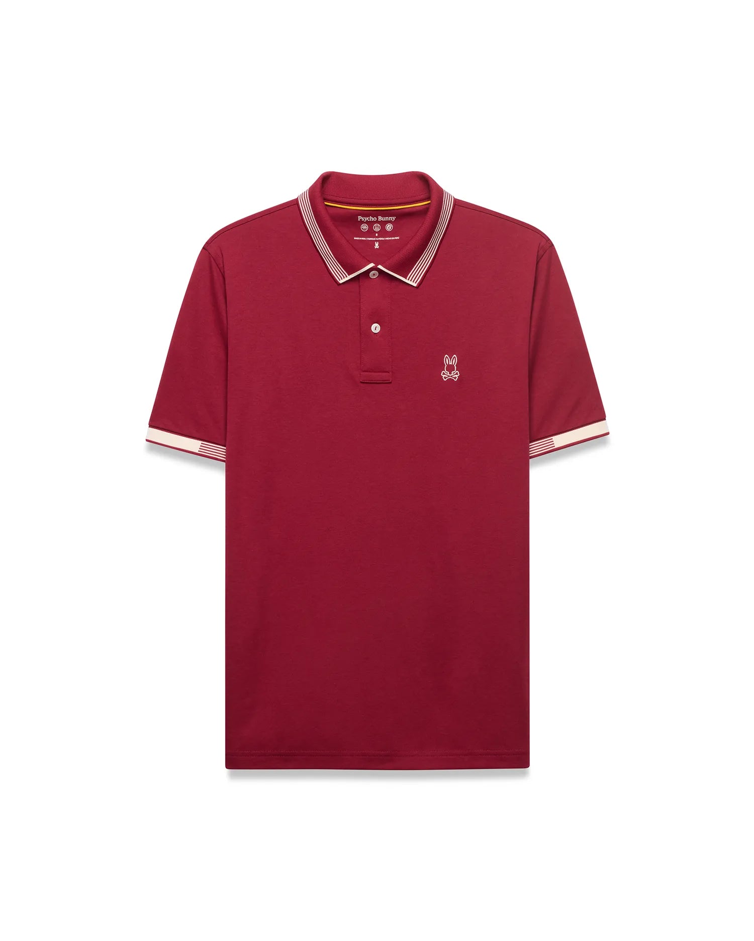 Mens Timmy Interlock Polo in rich red, classic fit, smooth interlock knit. Features white and red striped ribbed collar and cuffs, two white buttons, and a small white embroidered Psycho Bunny skull logo on the left chest.
