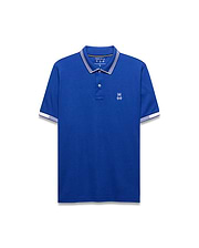 Mens Timmy Interlock Polo in royal blue, featuring a classic fit, smooth interlock fabric, white and yellow striped collar, white striped cuffs, and a small embroidered white Psycho Bunny skull logo on the left chest.