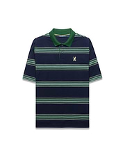 Mens Drew Striped Pique Polo in navy with alternating green, light green, and thin white stripes, a solid green collar, and a small embroidered Psycho Bunny skull logo on the left chest. (6)