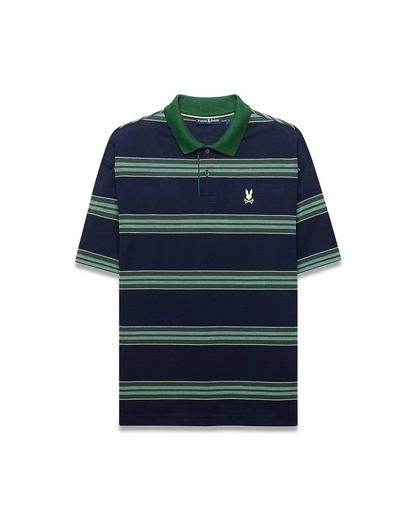 Mens Drew Striped Pique Polo in navy with alternating green, light green, and thin white stripes, a solid green collar, and a small embroidered Psycho Bunny skull logo on the left chest. (6)