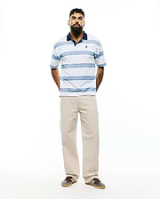 Mens Drew Striped Pique Polo, a classic fit white pique polo with navy collar, light blue horizontal stripes, and a small embroidered Psycho Bunny skull logo on the left chest. (3)