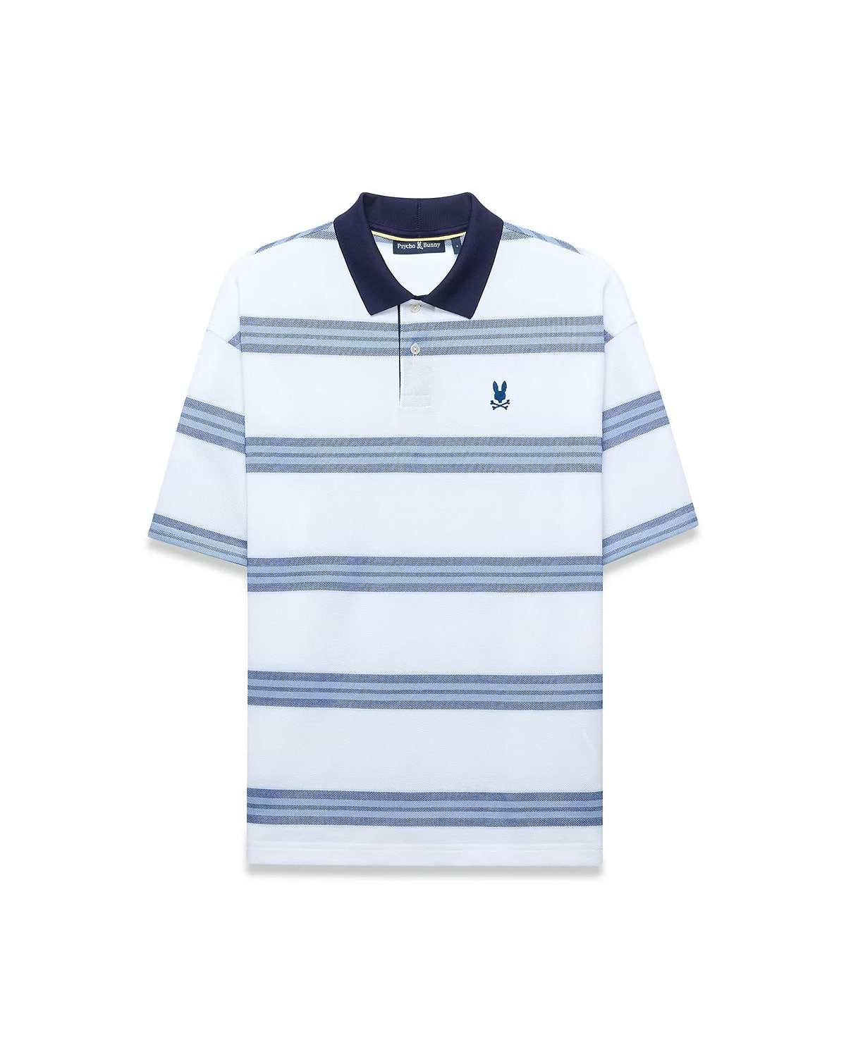 Mens Drew Striped Pique Polo, a classic fit white pique polo with navy collar, light and dark blue horizontal stripes, and a small embroidered navy Psycho Bunny skull logo on the left chest. (4)