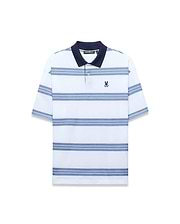 Mens Drew Striped Pique Polo, a classic fit white pique polo with navy collar, light and dark blue horizontal stripes, and a small embroidered navy Psycho Bunny skull logo on the left chest. (4)