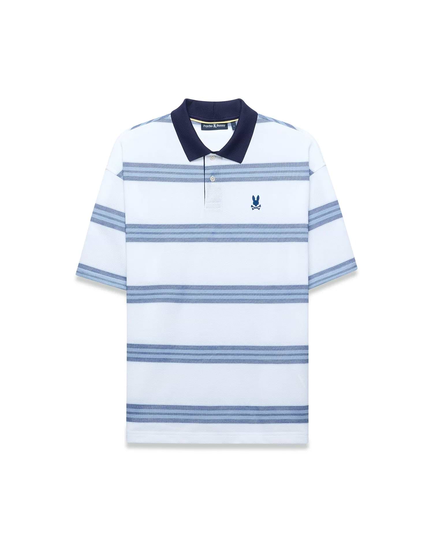 Mens Drew Striped Pique Polo, a classic fit white pique polo with navy collar, light and dark blue horizontal stripes, and a small embroidered navy Psycho Bunny skull logo on the left chest. (4)