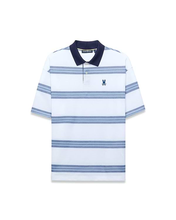 Mens Drew Striped Pique Polo, a classic fit white pique polo with navy collar, light and dark blue horizontal stripes, and a small embroidered navy Psycho Bunny skull logo on the left chest. (4)