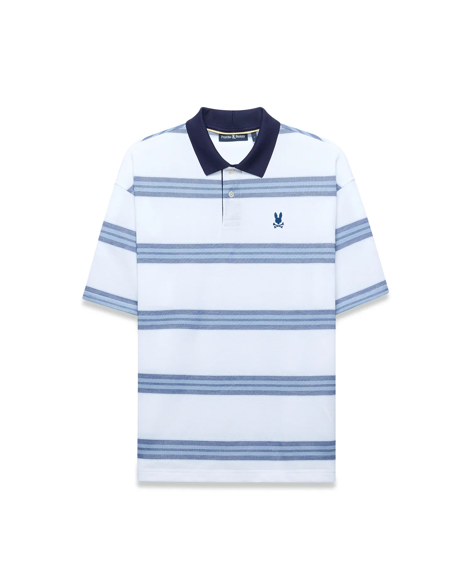 Mens Drew Striped Pique Polo, a classic fit white pique polo with navy collar, light and dark blue horizontal stripes, and a small embroidered navy Psycho Bunny skull logo on the left chest. (4)
