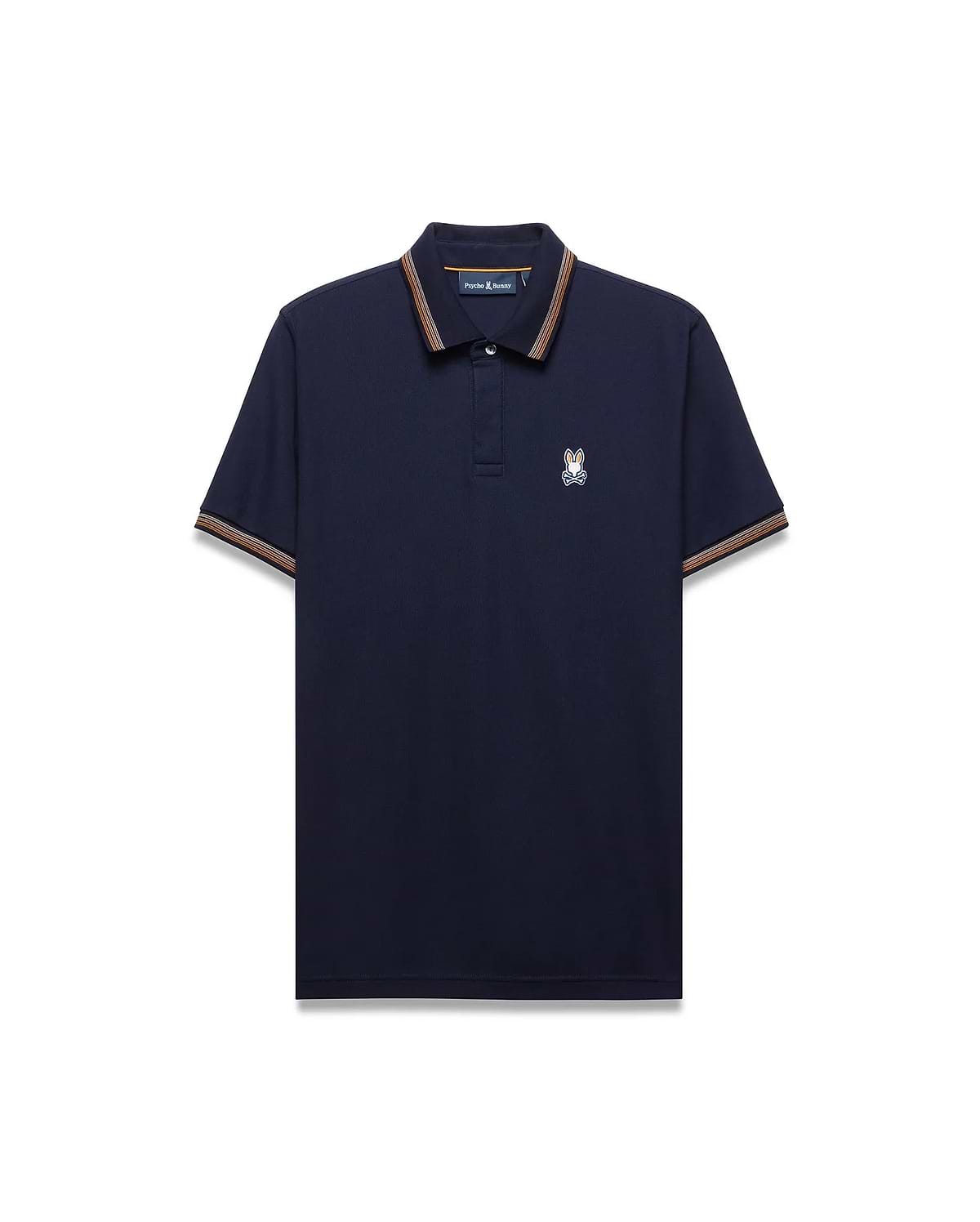 Mens Jaydon Pique Polo, classic fit navy pique polo shirt with ribbed collar and cuffs featuring orange and brown stripes, and a small embroidered white and blue Psycho Bunny skull logo on the left chest.