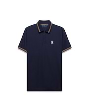 Mens Jaydon Pique Polo, classic fit navy pique polo shirt with ribbed collar and cuffs featuring orange and brown stripes, and a small embroidered white and blue Psycho Bunny skull logo on the left chest.