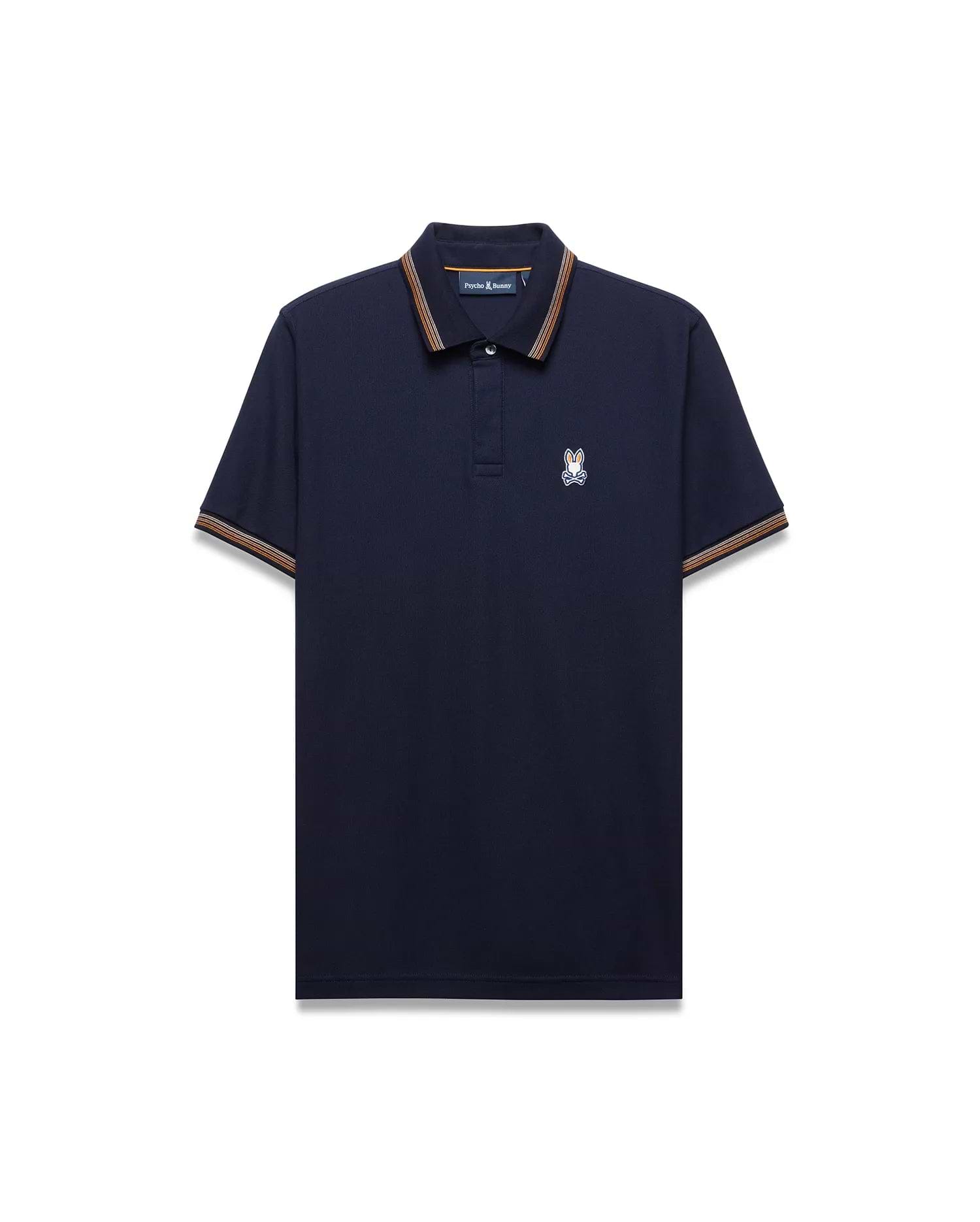 Mens Jaydon Pique Polo, classic fit navy pique polo shirt with ribbed collar and cuffs featuring orange and brown stripes, and a small embroidered white and blue Psycho Bunny skull logo on the left chest.