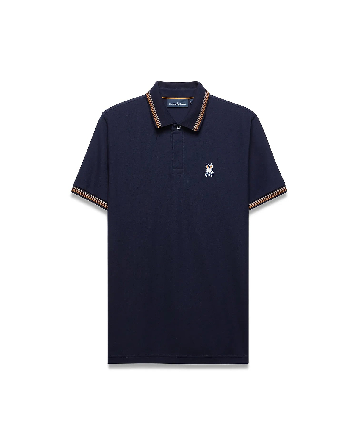 Mens Jaydon Pique Polo, classic fit navy pique polo shirt with ribbed collar and cuffs featuring orange and brown stripes, and a small embroidered white and blue Psycho Bunny skull logo on the left chest.