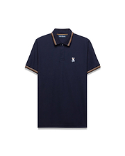 Mens Jaydon Pique Polo, classic fit navy pique polo shirt with ribbed collar and cuffs featuring orange and brown stripes, and a small embroidered white and blue Psycho Bunny skull logo on the left chest.