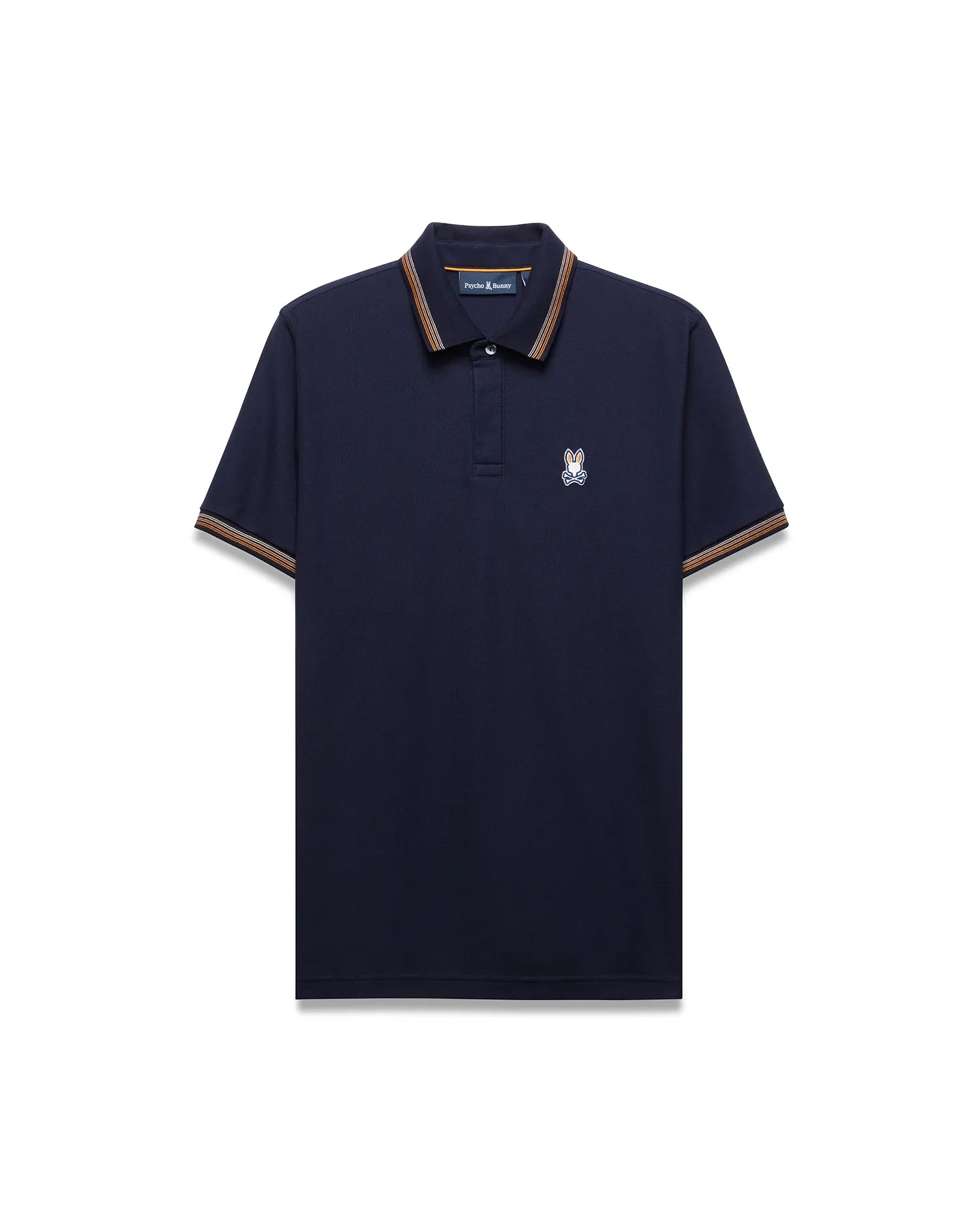 Mens Jaydon Pique Polo, classic fit navy pique polo shirt with ribbed collar and cuffs featuring orange and brown stripes, and a small embroidered white and blue Psycho Bunny skull logo on the left chest.