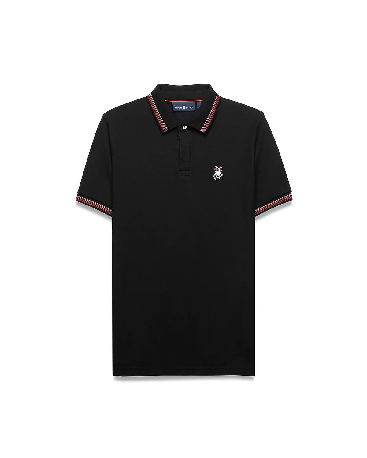 Mens Jaydon Pique Polo, classic fit, black pique fabric with red and white striped collar and cuffs, featuring a small embroidered Psycho Bunny skull logo on the left chest.