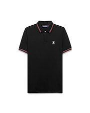 Mens Jaydon Pique Polo, classic fit, black pique fabric with red and white striped collar and cuffs, featuring a small embroidered Psycho Bunny skull logo on the left chest.