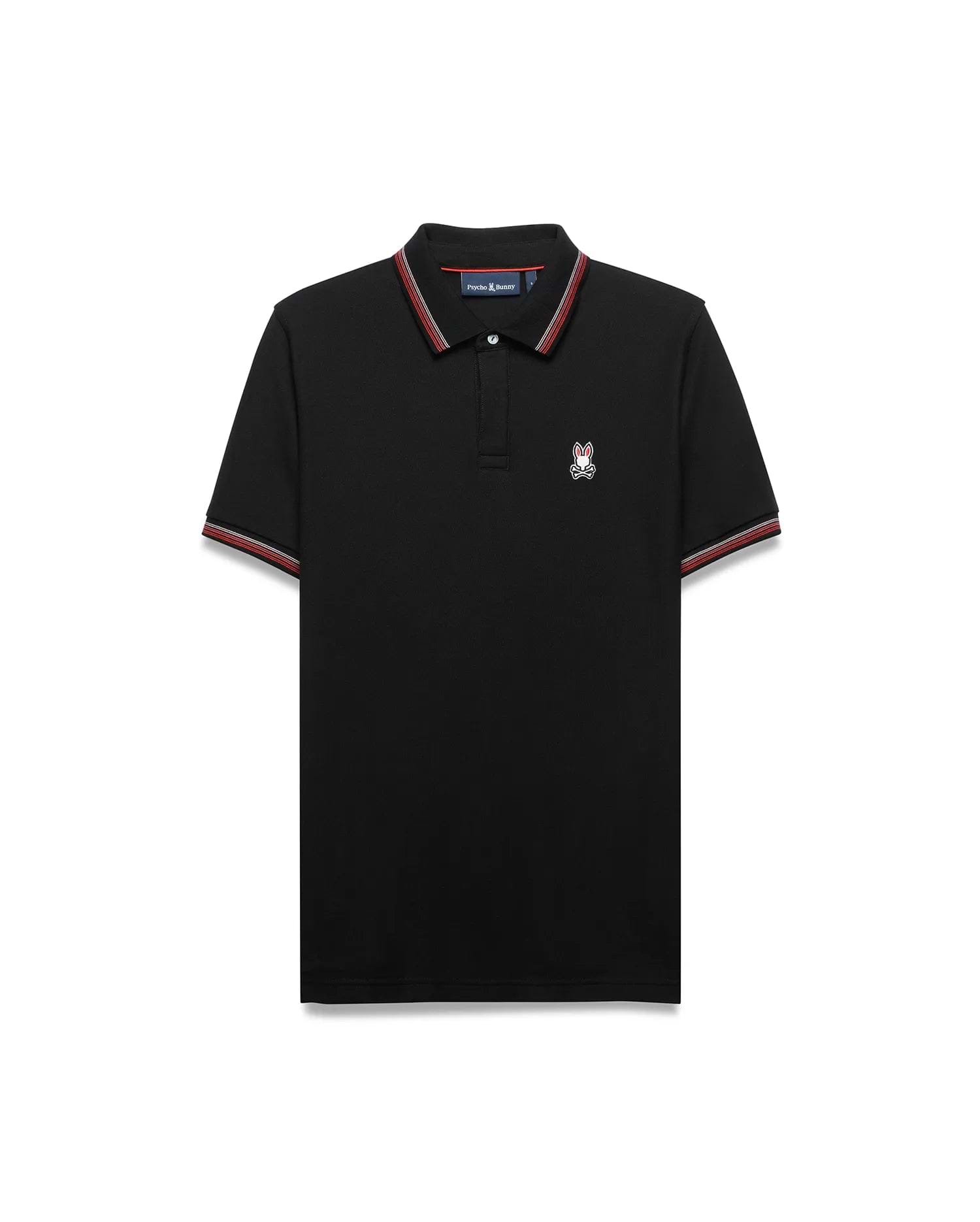 Mens Jaydon Pique Polo, classic fit, black pique fabric with red and white striped collar and cuffs, featuring a small embroidered Psycho Bunny skull logo on the left chest.