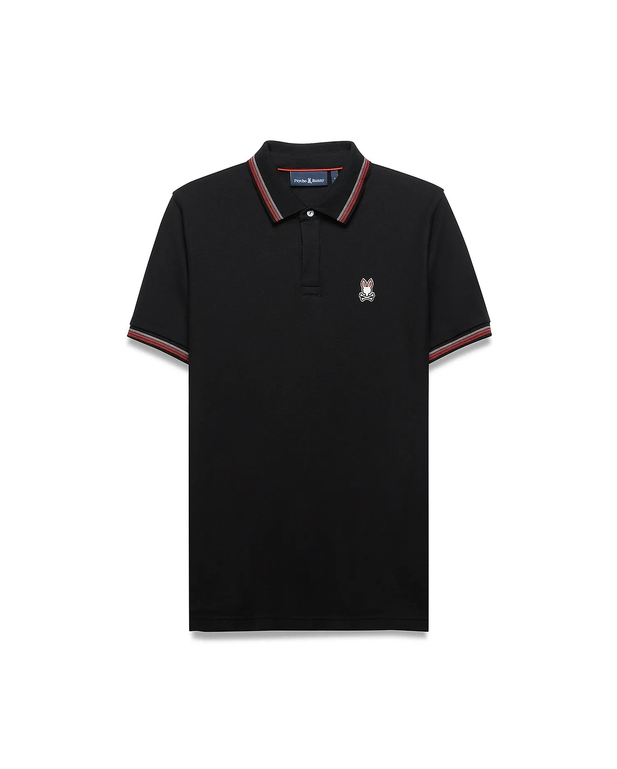 Mens Jaydon Pique Polo, classic fit, black pique fabric with red and white striped collar and cuffs, featuring a small embroidered Psycho Bunny skull logo on the left chest.