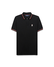 Mens Jaydon Pique Polo, classic fit, black pique fabric with red and white striped collar and cuffs, featuring a small embroidered Psycho Bunny skull logo on the left chest.
