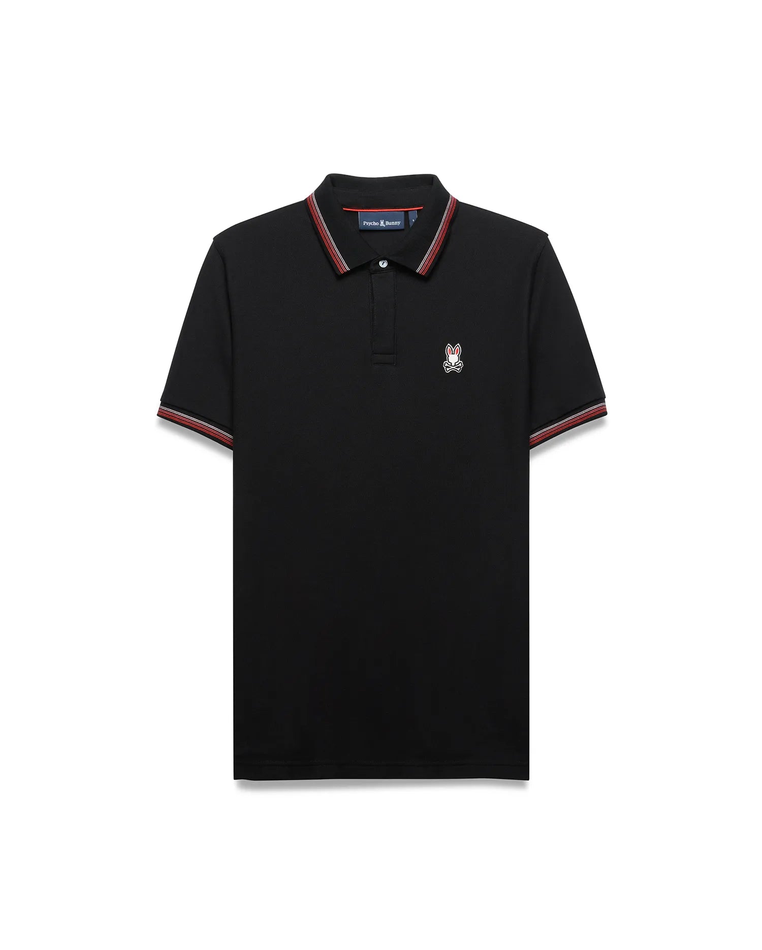 Mens Jaydon Pique Polo, classic fit, black pique fabric with red and white striped collar and cuffs, featuring a small embroidered Psycho Bunny skull logo on the left chest.
