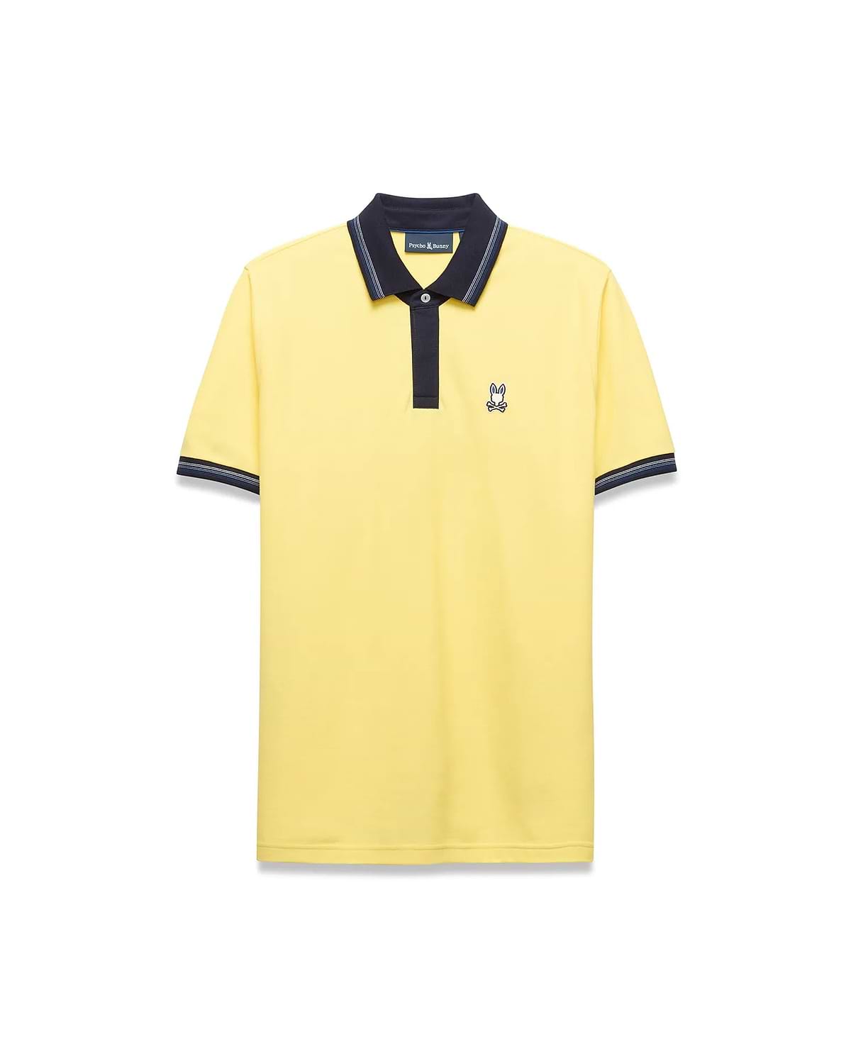 Mens Jaydon Pique Polo in bright yellow, featuring a navy blue collar with white tipping, a two-button placket, ribbed cuffs with matching stripes, and a small embroidered Psycho Bunny logo on the left chest for a classic fit.