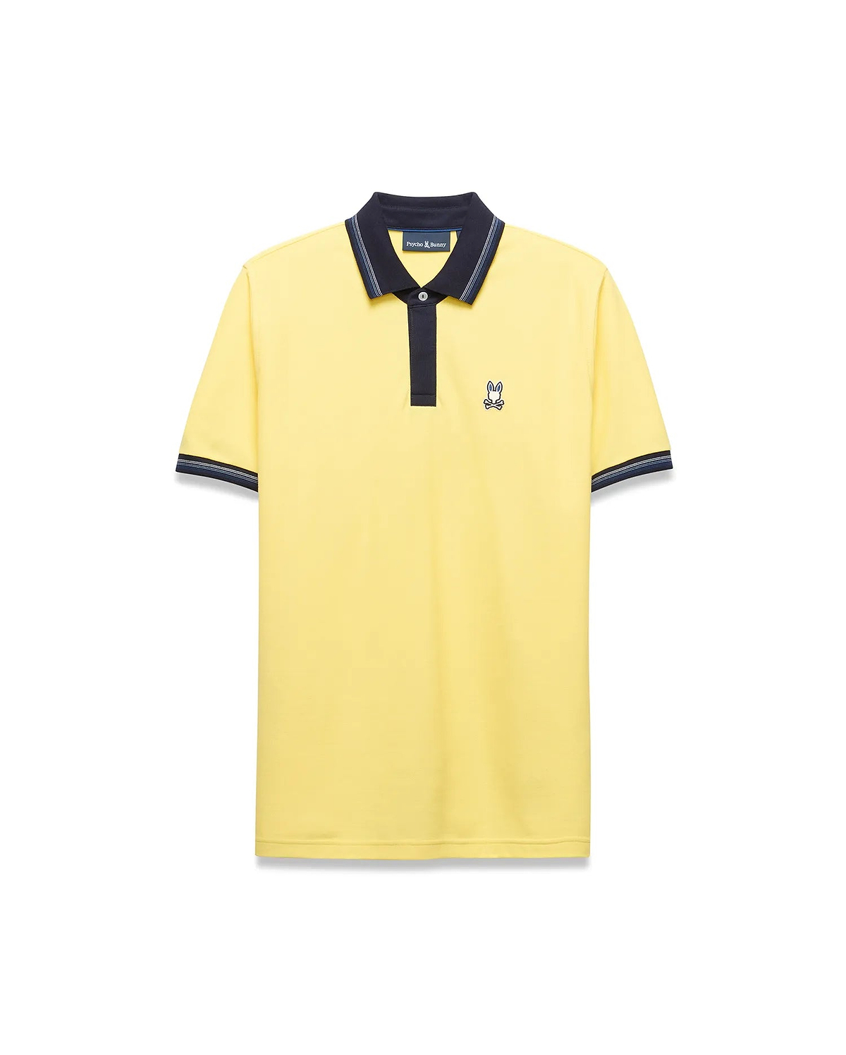 Mens Jaydon Pique Polo in bright yellow, featuring a navy blue collar with white tipping, a two-button placket, ribbed cuffs with matching stripes, and a small embroidered Psycho Bunny logo on the left chest for a classic fit.