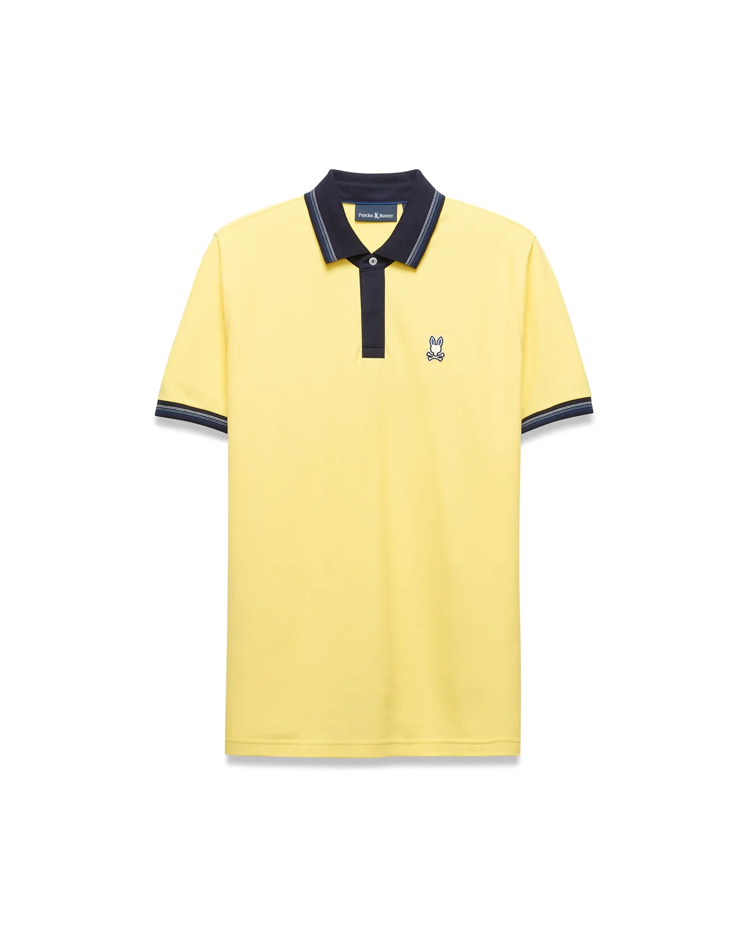 Mens Jaydon Pique Polo in bright yellow, featuring a navy blue collar with white tipping, a two-button placket, ribbed cuffs with matching stripes, and a small embroidered Psycho Bunny logo on the left chest for a classic fit.
