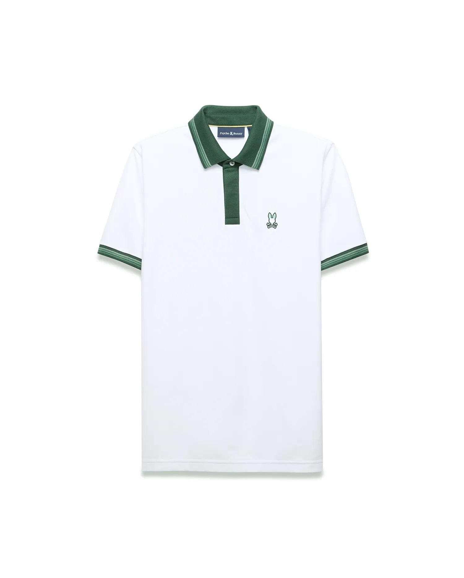 Mens Jaydon Pique Polo in white pique, featuring a dark green collar and placket. It has striped green cuffs and a small, embroidered green Psycho Bunny skull logo on the left chest, offering a classic fit.
