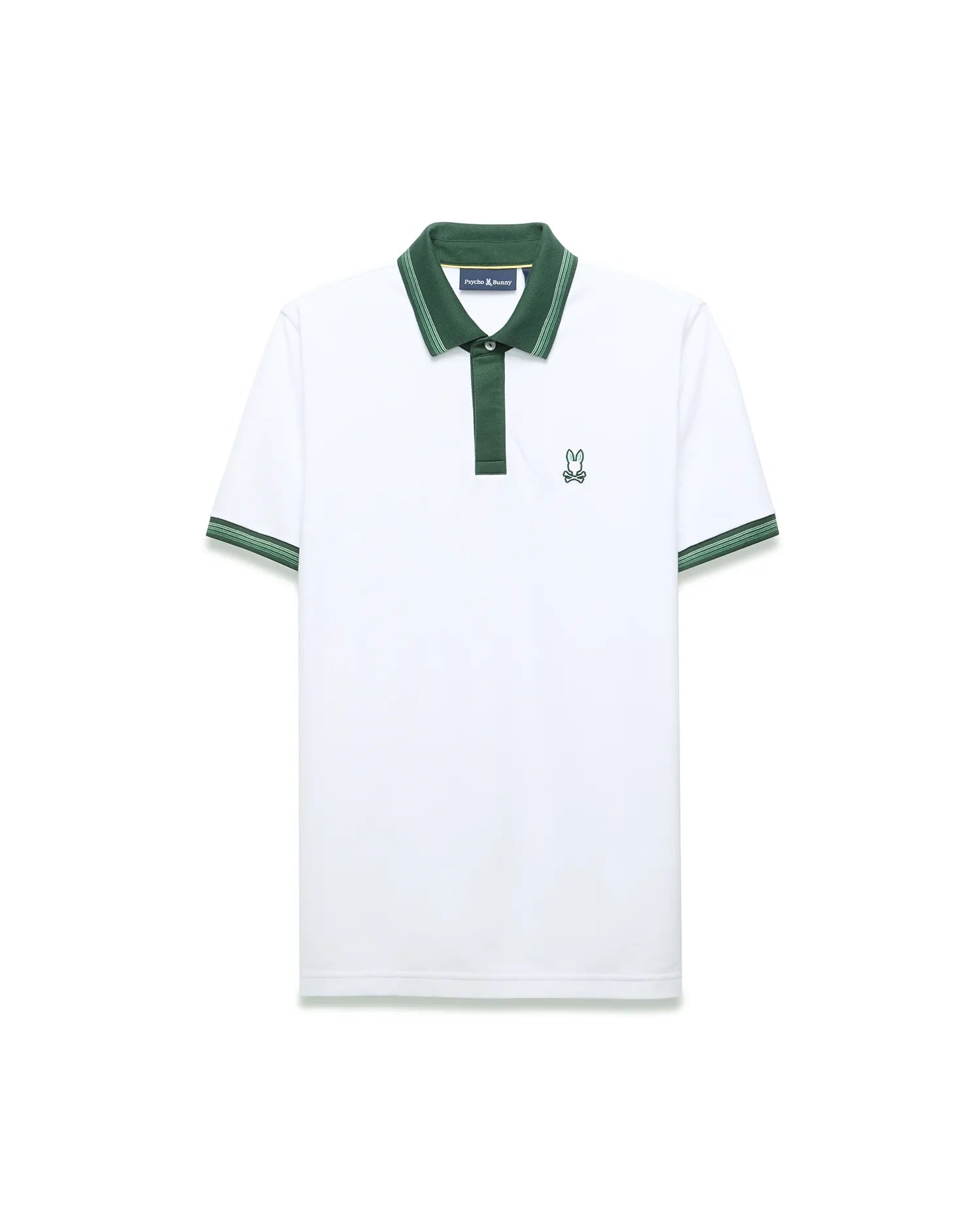 Mens Jaydon Pique Polo in white pique, featuring a dark green collar and placket. It has striped green cuffs and a small, embroidered green Psycho Bunny skull logo on the left chest, offering a classic fit.