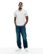 Men's Joji Performance Polo, light grey pique knit with classic fit, features blue tipping on collar and sleeve cuffs, and a small embroidered blue Psycho Bunny skull logo on the left chest.