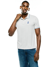 Men's Joji Performance Polo, light grey performance fabric polo with blue tipping on collar and sleeves, featuring a small embroidered blue Psycho Bunny skull logo on the left chest.