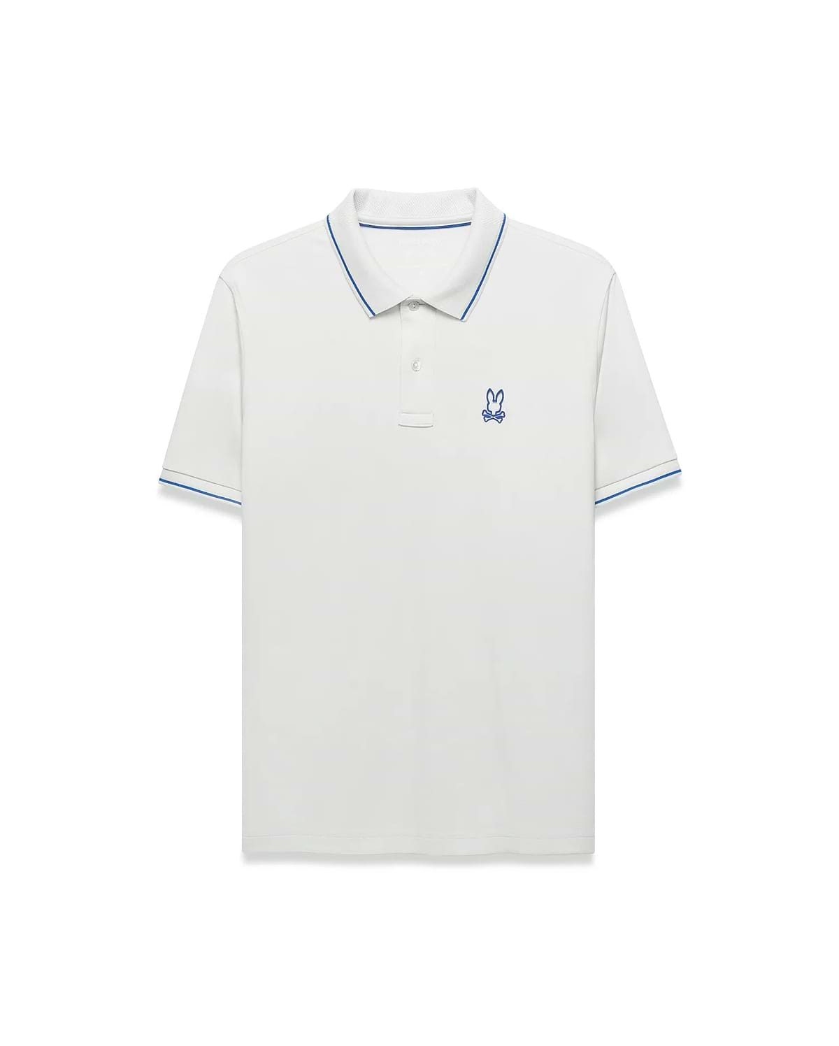 Men's Joji Performance Polo, a classic fit white performance jersey polo with blue tipped collar and cuffs, featuring a small embroidered blue Psycho Bunny skull logo on the left chest.