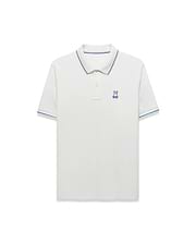 Men's Joji Performance Polo, a classic fit white performance jersey polo with blue tipped collar and cuffs, featuring a small embroidered blue Psycho Bunny skull logo on the left chest.