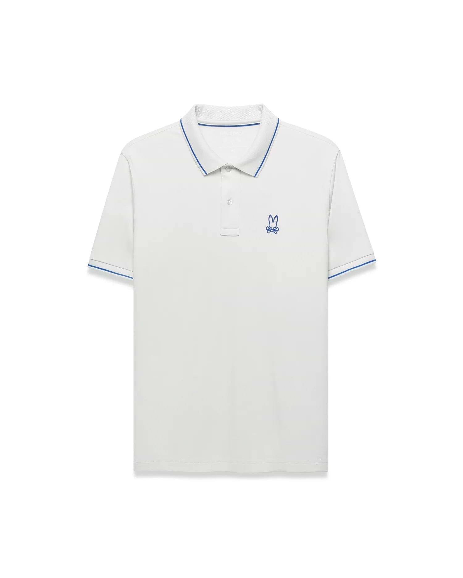 Men's Joji Performance Polo, a classic fit white performance jersey polo with blue tipped collar and cuffs, featuring a small embroidered blue Psycho Bunny skull logo on the left chest.