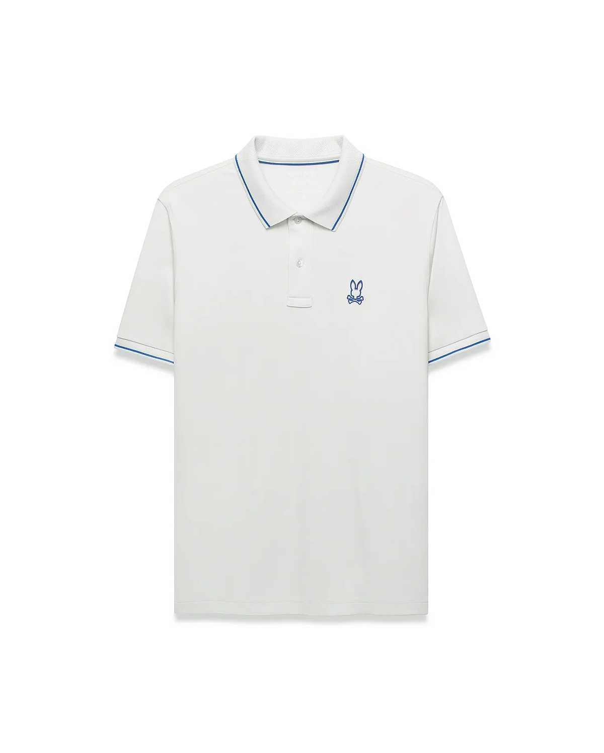 Men's Joji Performance Polo, a classic fit white performance jersey polo with blue tipped collar and cuffs, featuring a small embroidered blue Psycho Bunny skull logo on the left chest.