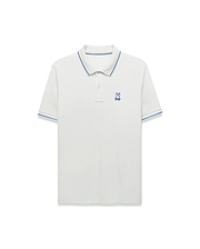Men's Joji Performance Polo, a classic fit white performance jersey polo with blue tipped collar and cuffs, featuring a small embroidered blue Psycho Bunny skull logo on the left chest.