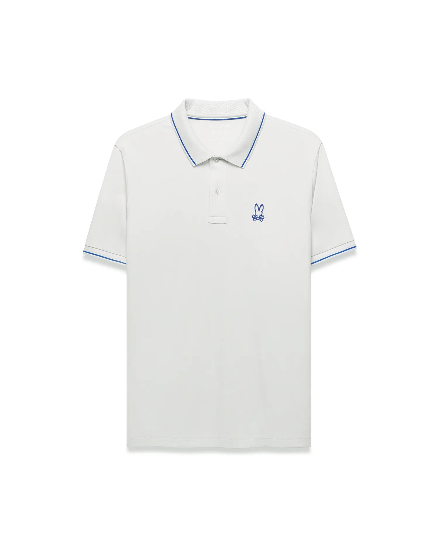 Men's Joji Performance Polo, a classic fit white performance jersey polo with blue tipped collar and cuffs, featuring a small embroidered blue Psycho Bunny skull logo on the left chest.