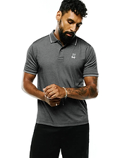 Mens Joji Performance Polo in dark heather grey, featuring a classic fit, white tipped collar and cuffs, and a small embroidered white Psycho Bunny skull logo on the left chest.