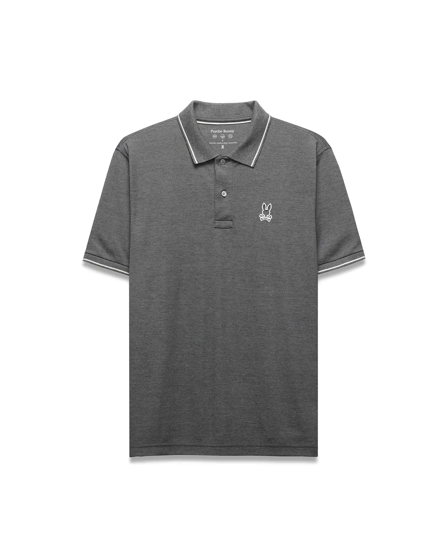 Mens Joji Performance Polo, dark grey heathered pique knit polo with classic fit, featuring a small white embroidered Psycho Bunny skull logo on the left chest and white striped ribbed collar and cuffs.