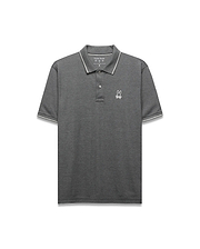 Mens Joji Performance Polo, dark grey heathered pique knit polo with classic fit, featuring a small white embroidered Psycho Bunny skull logo on the left chest and white striped ribbed collar and cuffs.