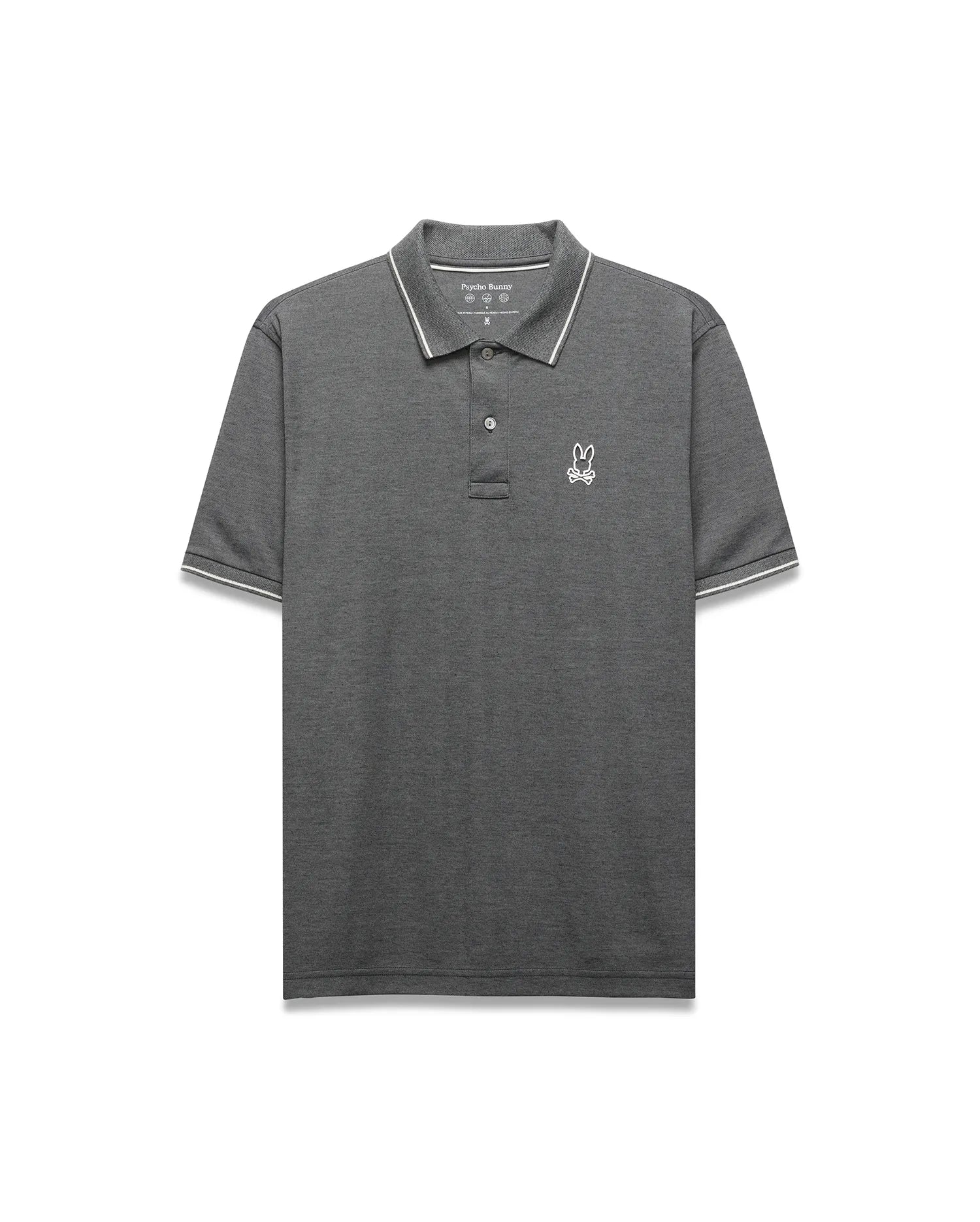 Mens Joji Performance Polo, dark grey heathered pique knit polo with classic fit, featuring a small white embroidered Psycho Bunny skull logo on the left chest and white striped ribbed collar and cuffs.