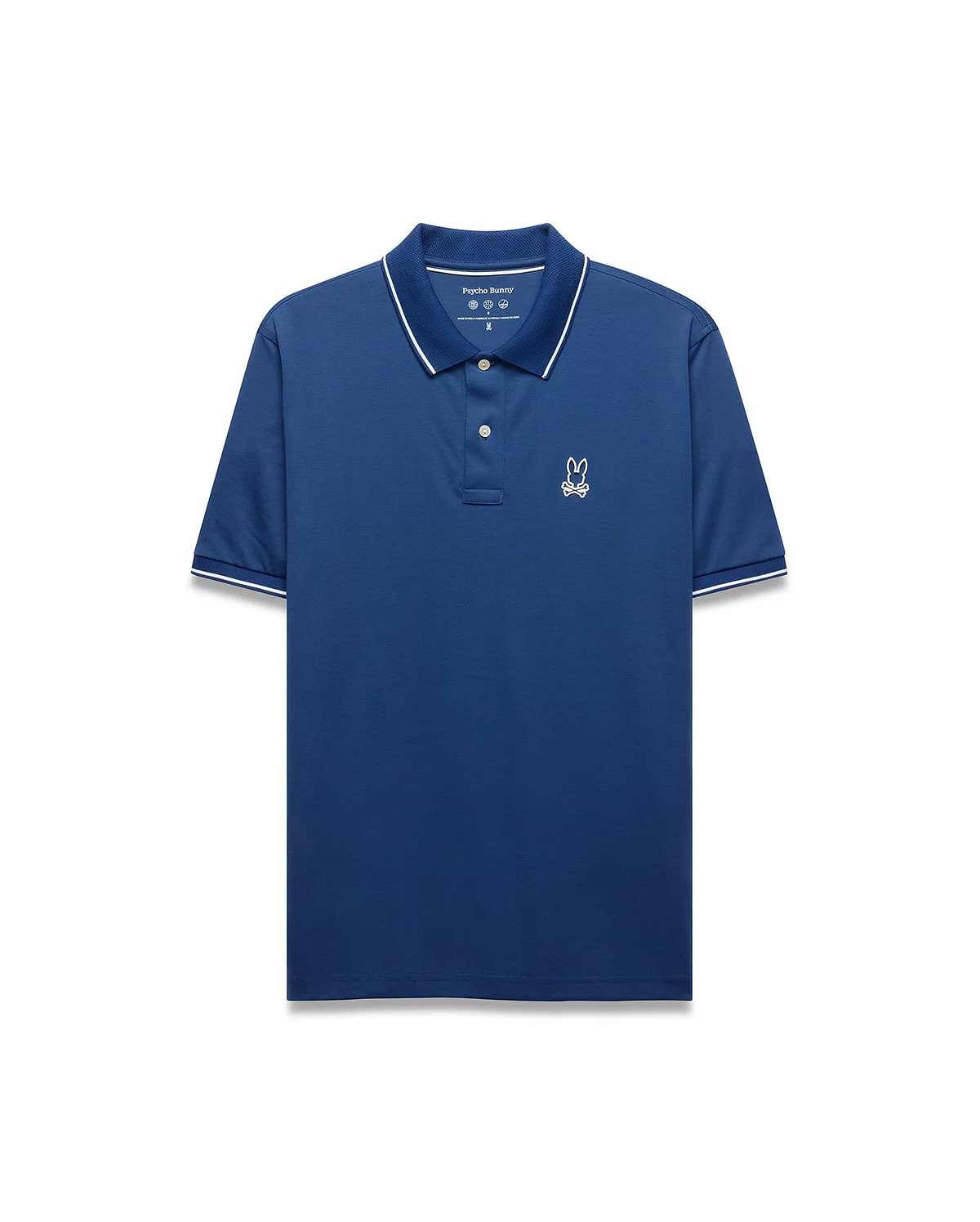 Mens Joji Performance Polo, a deep blue classic fit polo with a smooth performance fabric, features a white embroidered Psycho Bunny skull logo on the left chest and white tipping on the collar and cuffs.