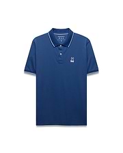 Mens Joji Performance Polo, a deep blue classic fit polo with a smooth performance fabric, features a white embroidered Psycho Bunny skull logo on the left chest and white tipping on the collar and cuffs.